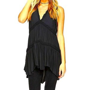 FREE PEOPLE Boho Braided Trim Tunic Top Mini Dress Plunge V-neck Black M